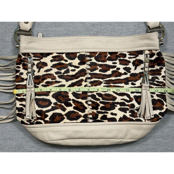 B. Makowsky Calf Hair Leather Leopard Print Handbag With Tassels Fringe Purse - Picture 9 of 10